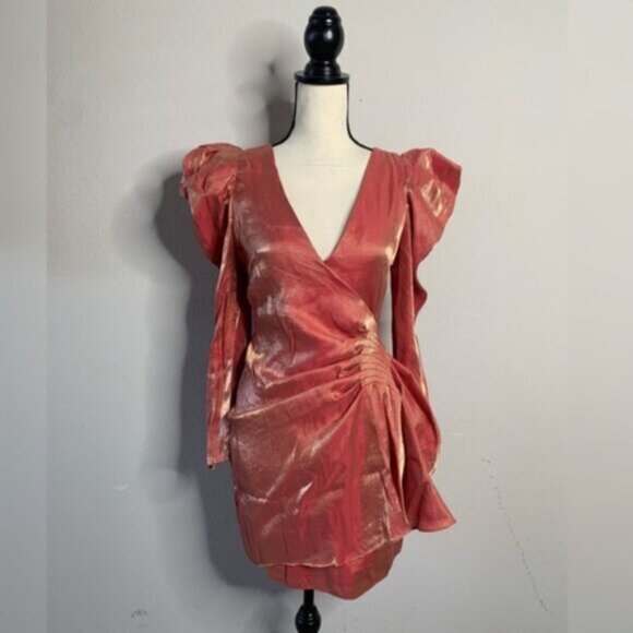 Elliatt Metallic Copper Gold Puff Shoulder Long Sleeve Wrap Mini Dress - Picture 2 of 13